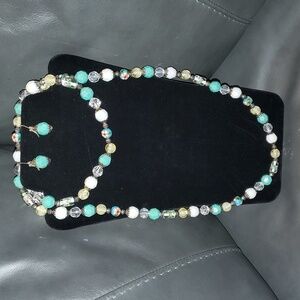 Premeir Designs Long Cloisonne Glass Lucite Floral Necklace Earring Set